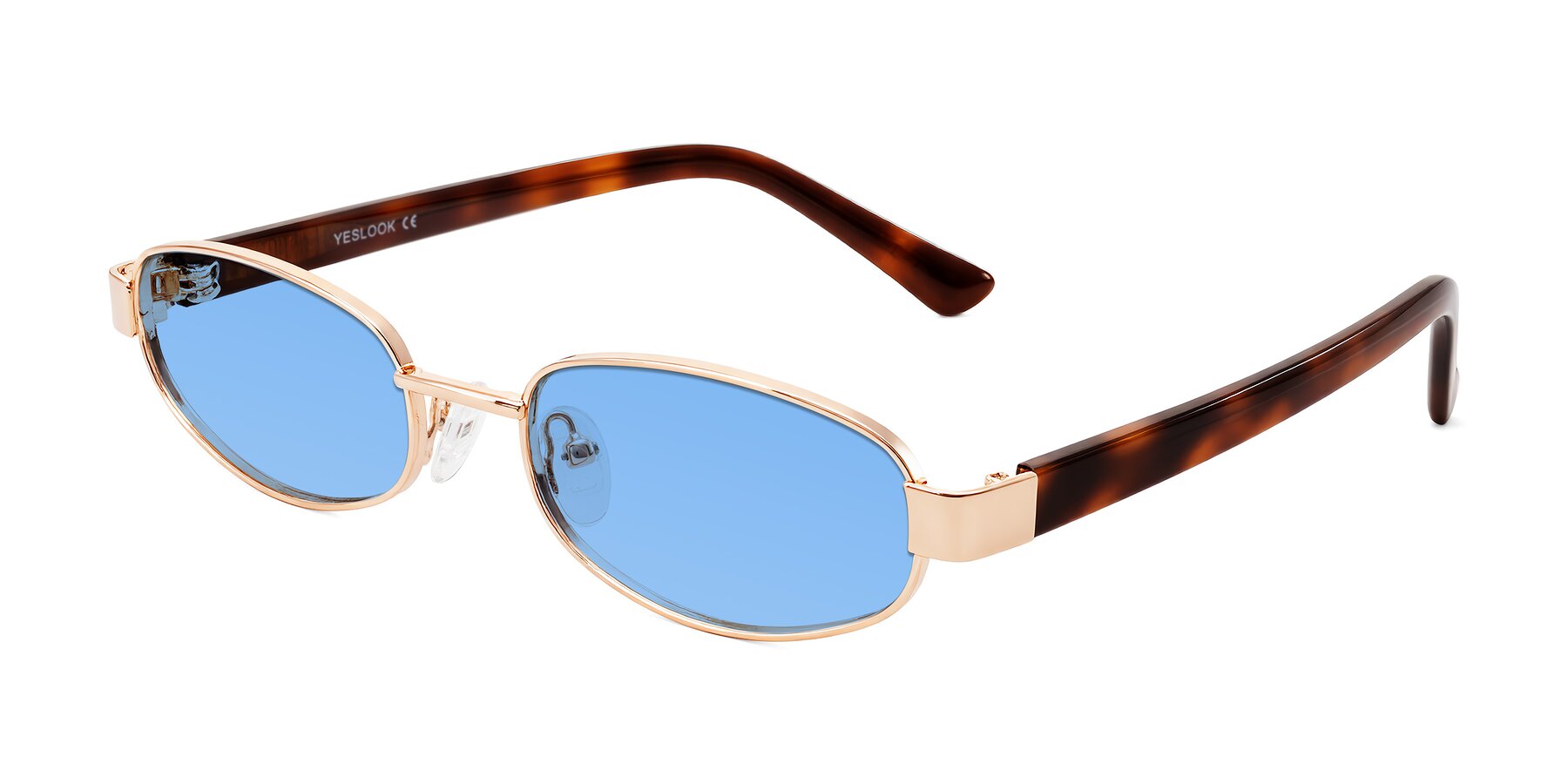 Angle of Selby in Rose Gold with Medium Blue Tinted Lenses