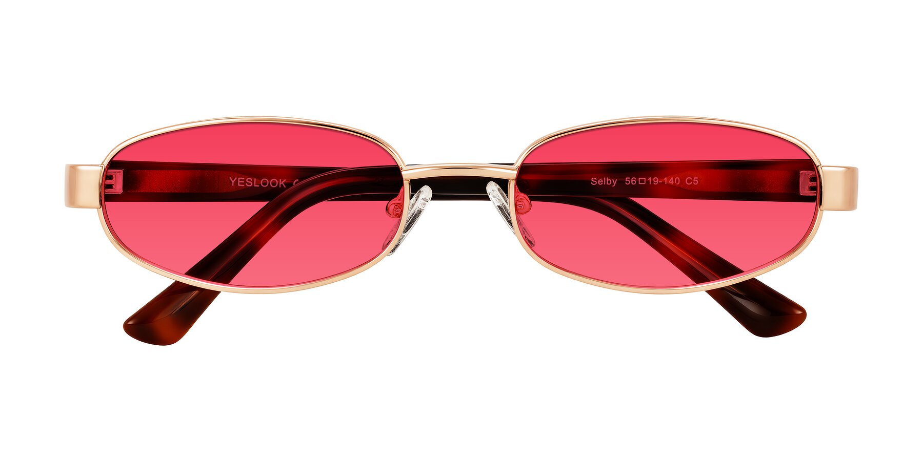 Folded Front of Selby in Rose Gold with Red Tinted Lenses