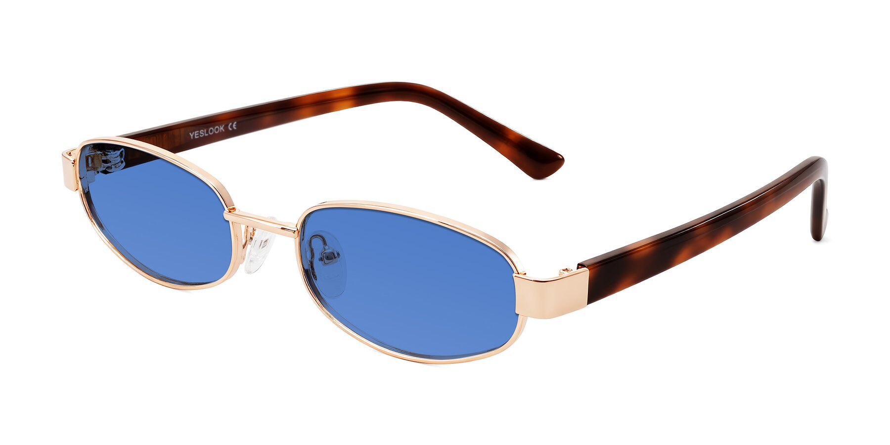 Angle of Selby in Rose Gold with Blue Tinted Lenses