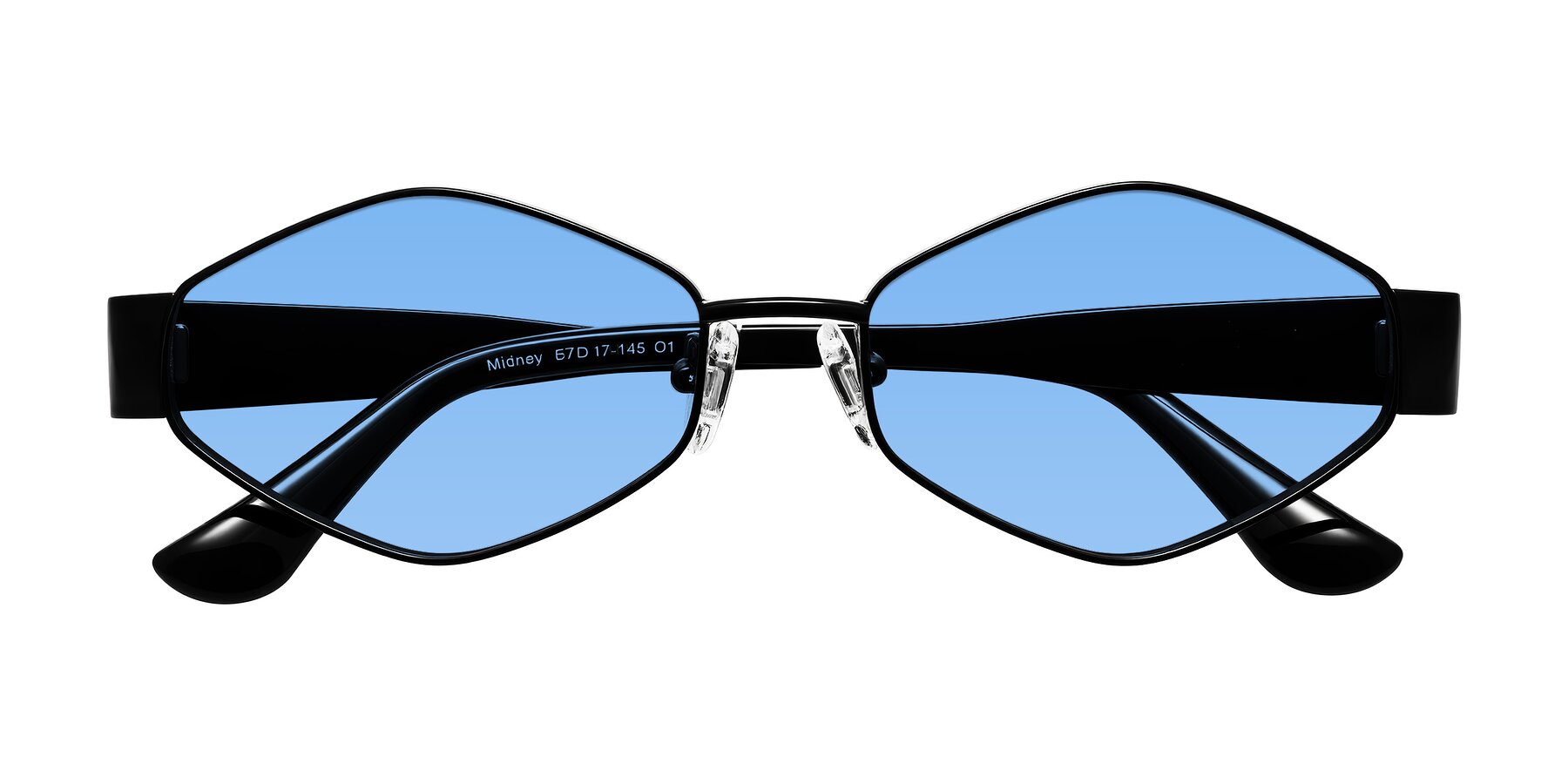 Folded Front of Midney in Black with Medium Blue Tinted Lenses