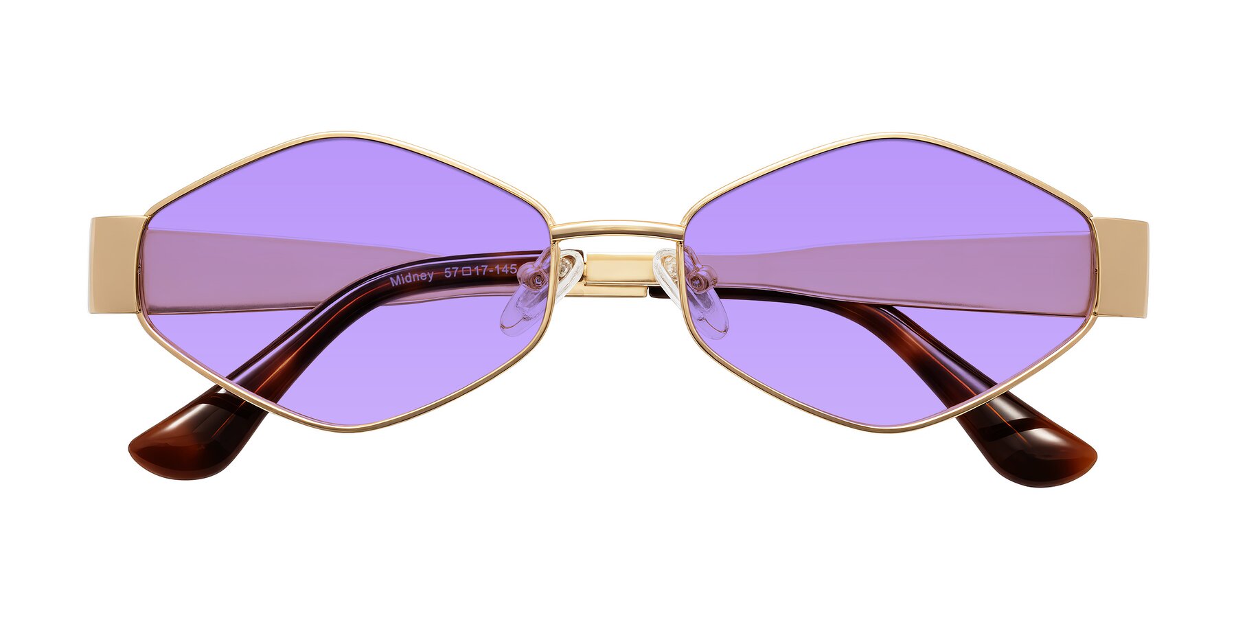 Folded Front of Midney in Gold with Medium Purple Tinted Lenses