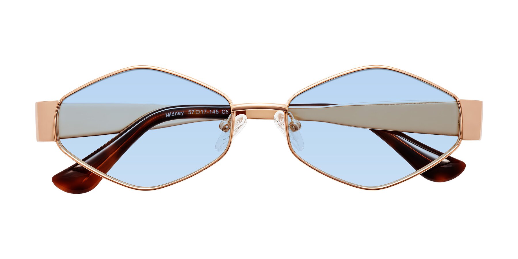 Folded Front of Midney in Rose Gold with Light Blue Tinted Lenses