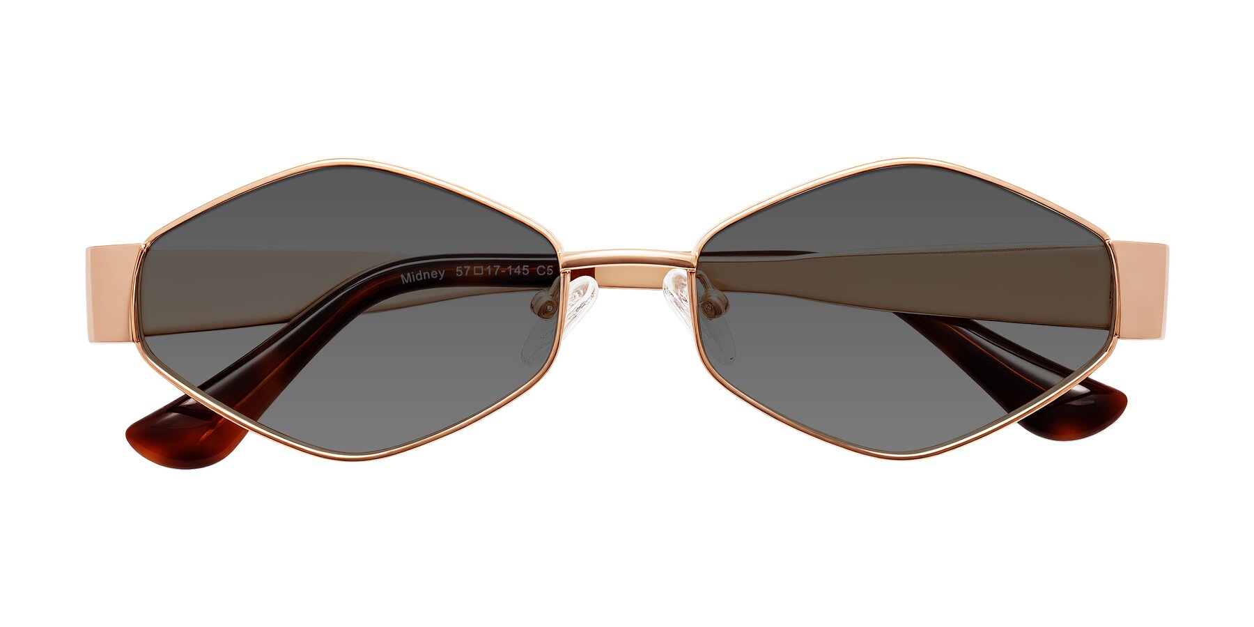Folded Front of Midney in Rose Gold with Medium Gray Tinted Lenses
