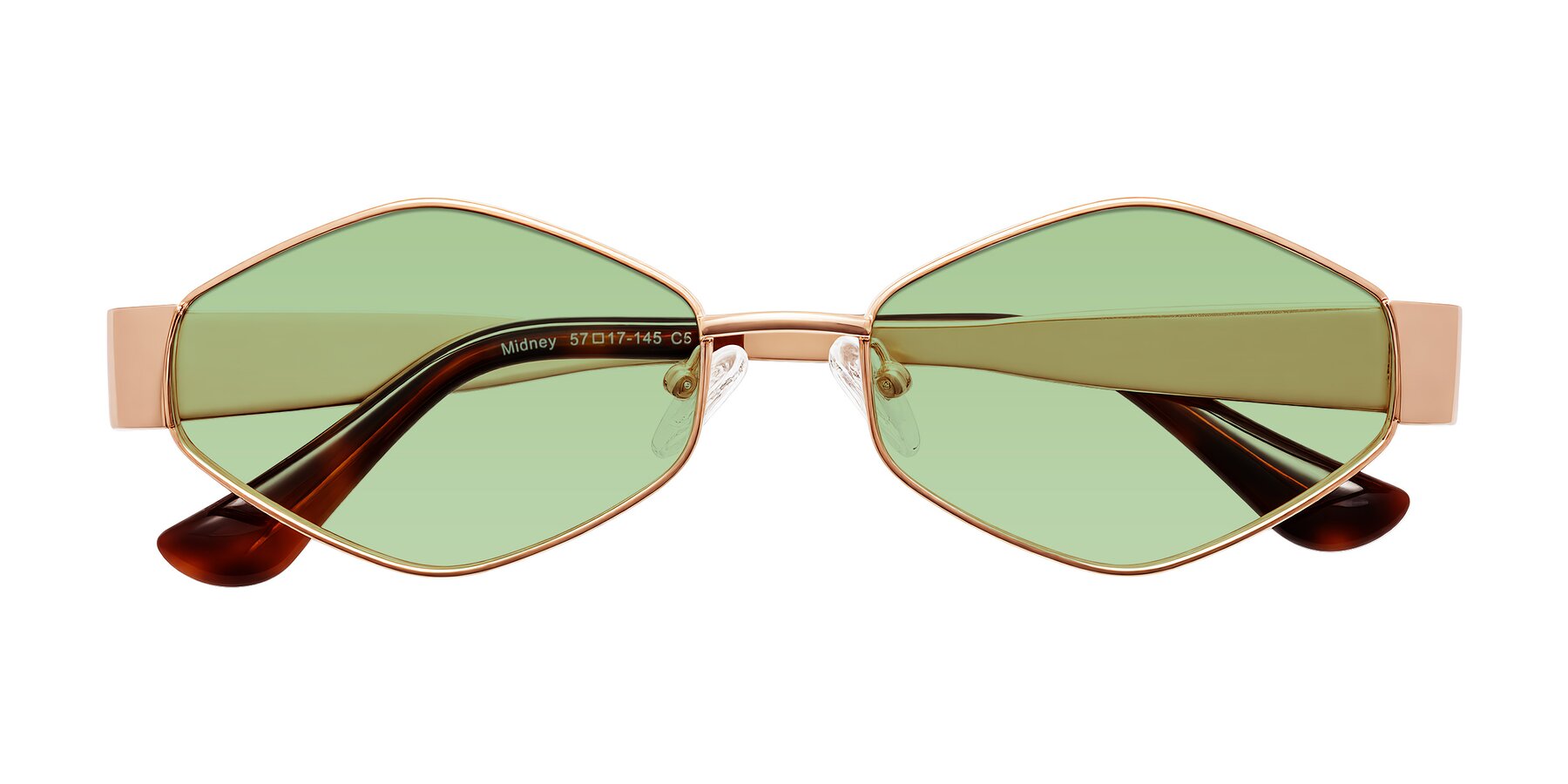 Folded Front of Midney in Rose Gold with Medium Green Tinted Lenses