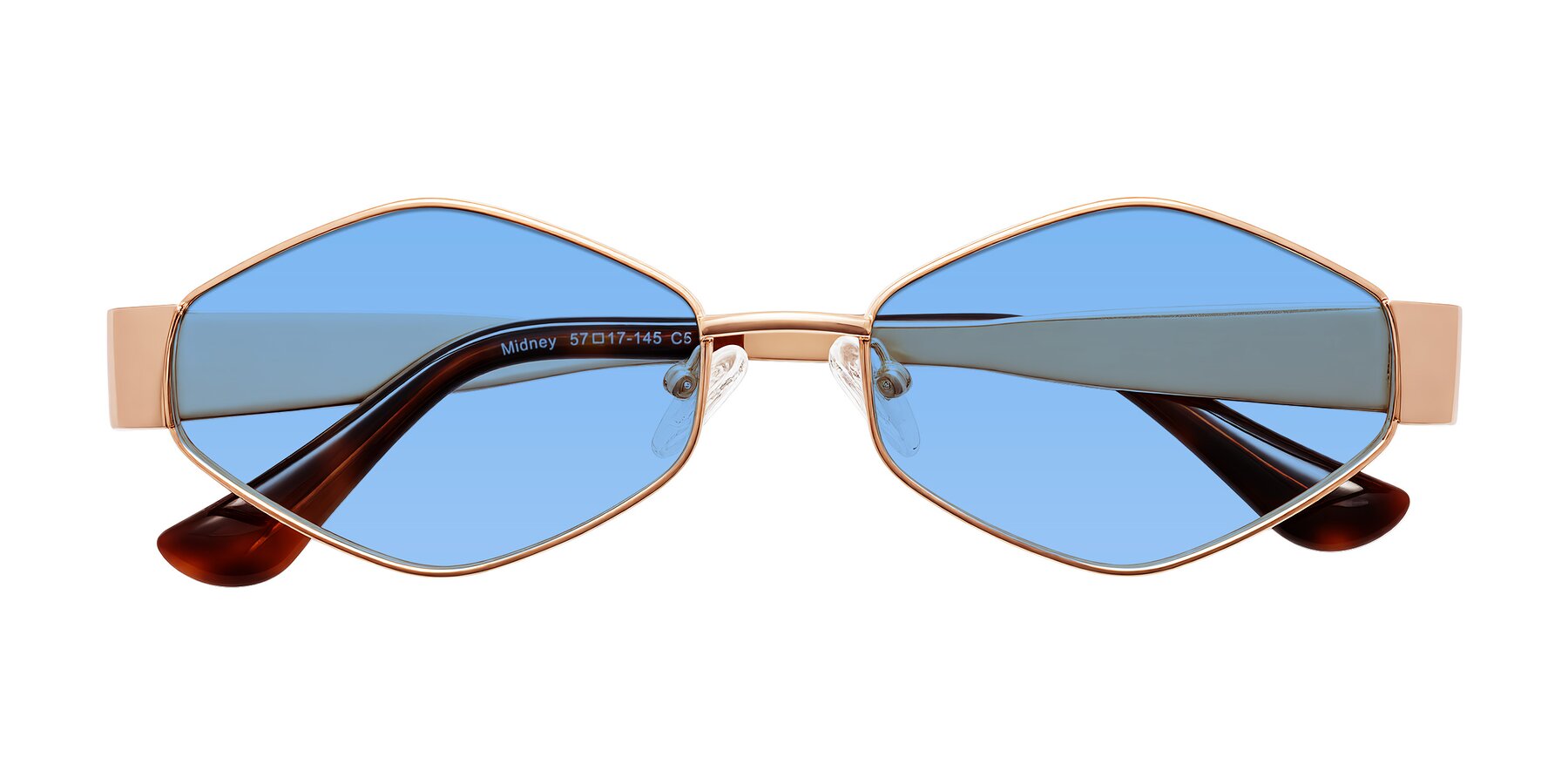 Folded Front of Midney in Rose Gold with Medium Blue Tinted Lenses