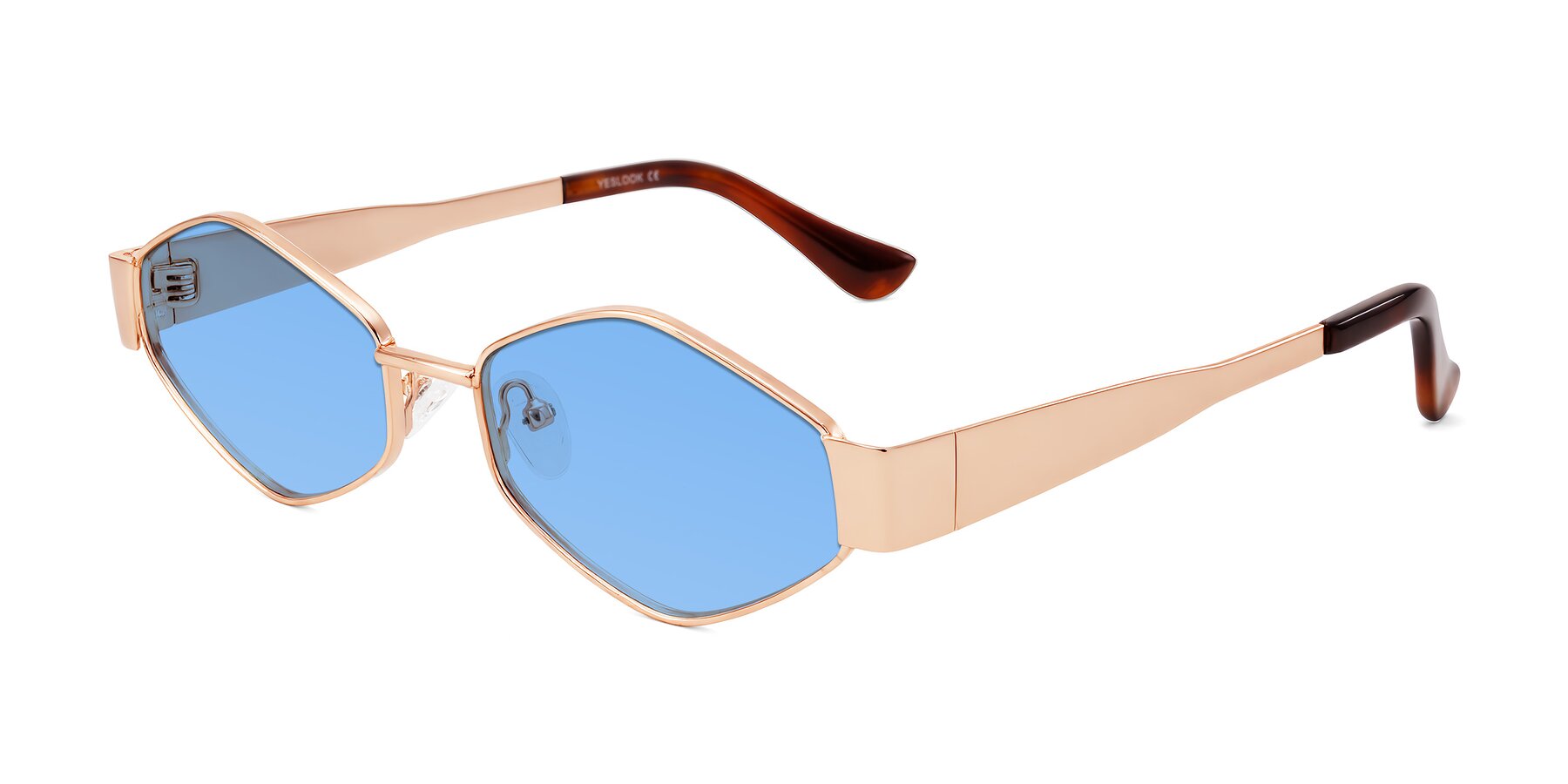 Angle of Midney in Rose Gold with Medium Blue Tinted Lenses