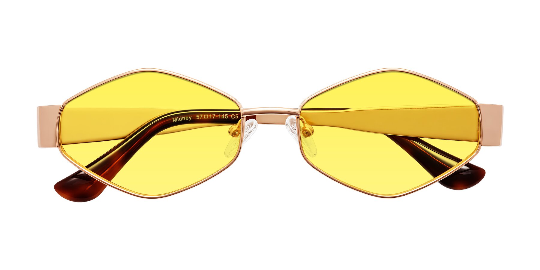 Folded Front of Midney in Rose Gold with Medium Yellow Tinted Lenses