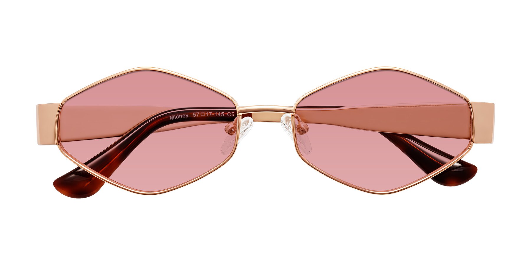 Folded Front of Midney in Rose Gold with Medium Garnet Tinted Lenses