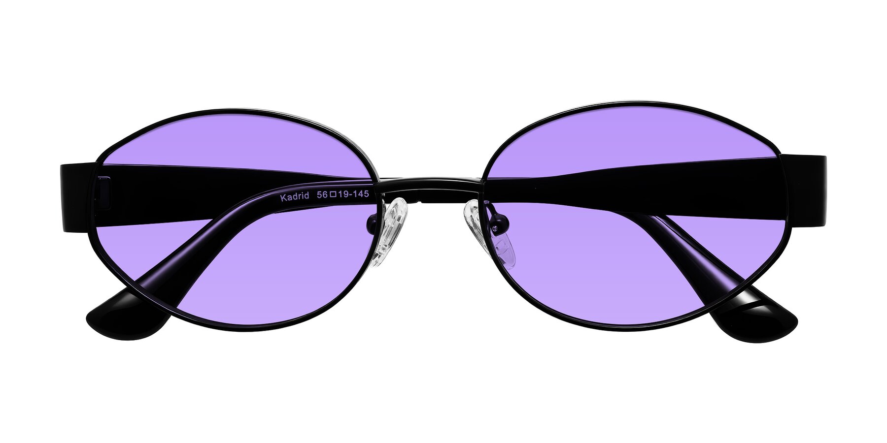 Folded Front of Kadrid in Black with Medium Purple Tinted Lenses