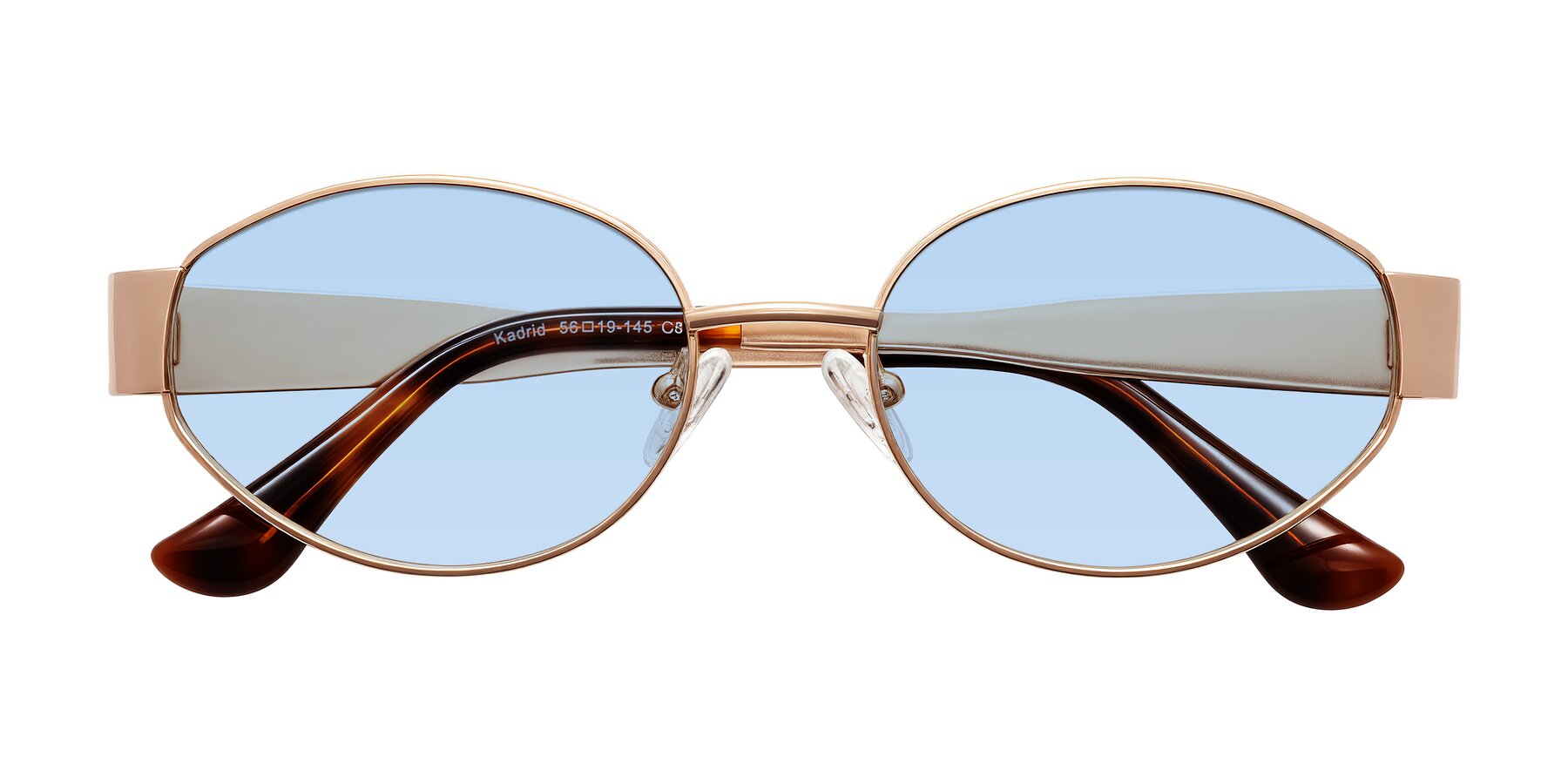 Folded Front of Kadrid in Rose Gold with Light Blue Tinted Lenses