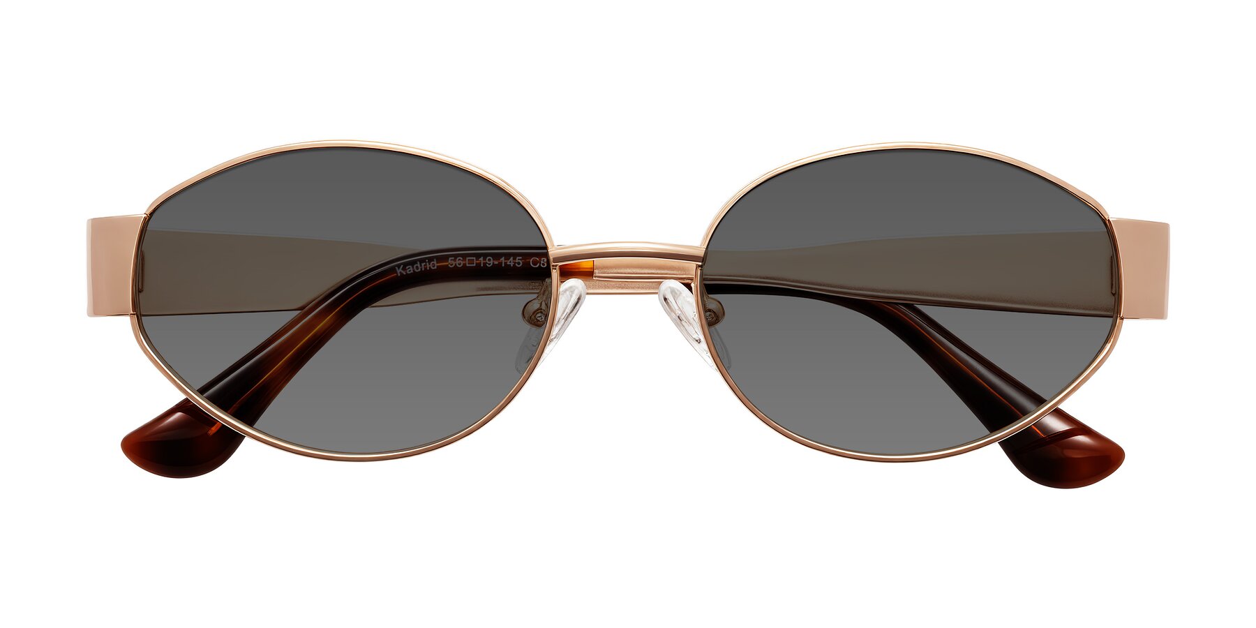 Folded Front of Kadrid in Rose Gold with Medium Gray Tinted Lenses