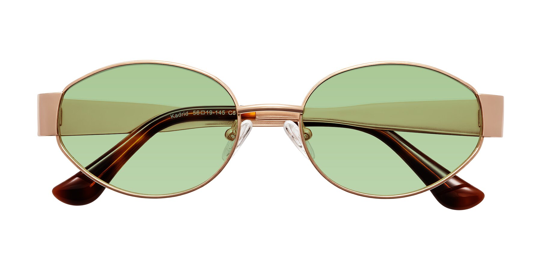 Folded Front of Kadrid in Rose Gold with Medium Green Tinted Lenses