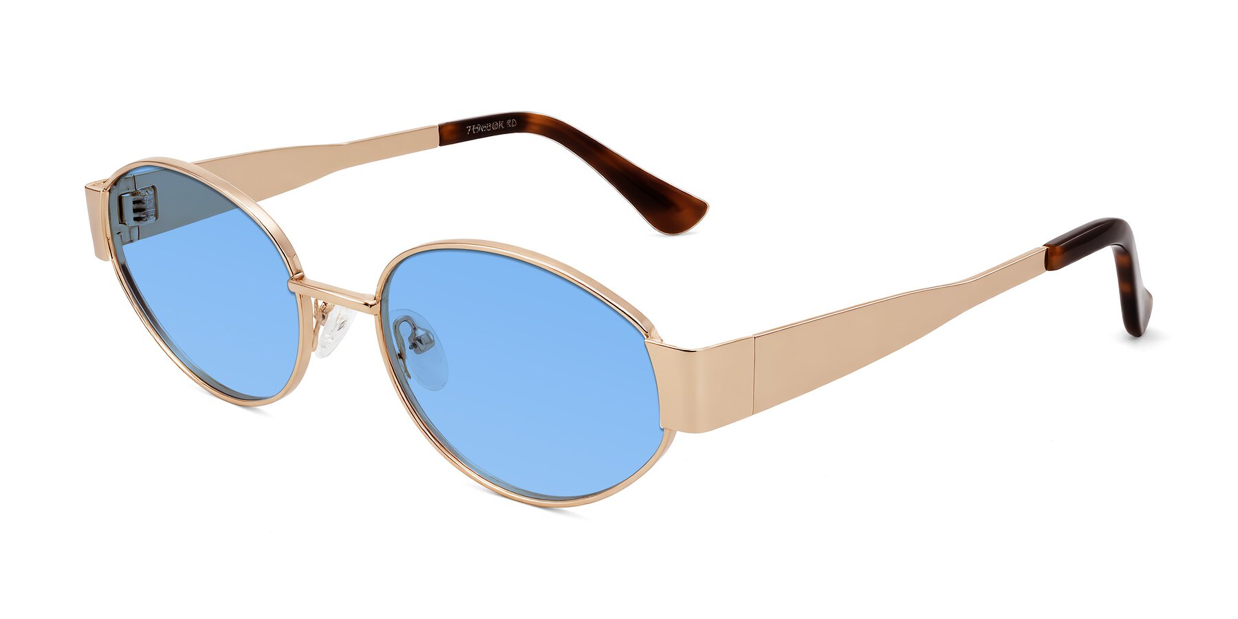 Angle of Kadrid in Rose Gold with Medium Blue Tinted Lenses