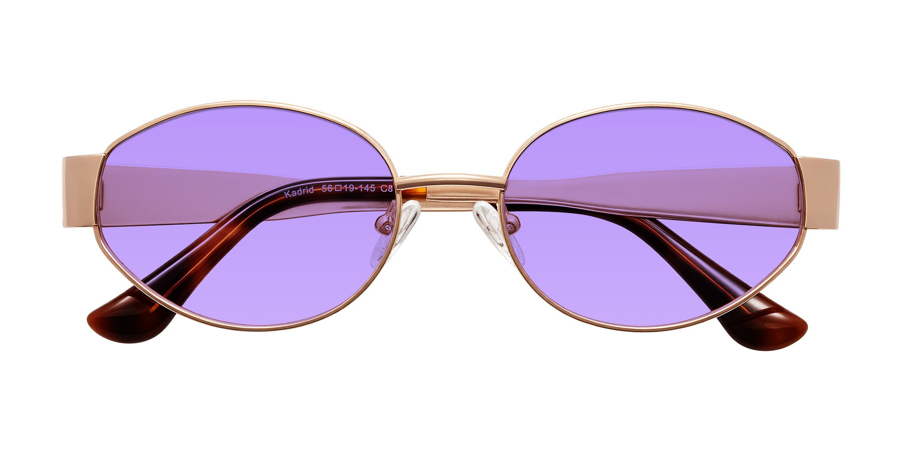 Folded Front of Kadrid in Rose Gold with Medium Purple Tinted Lenses