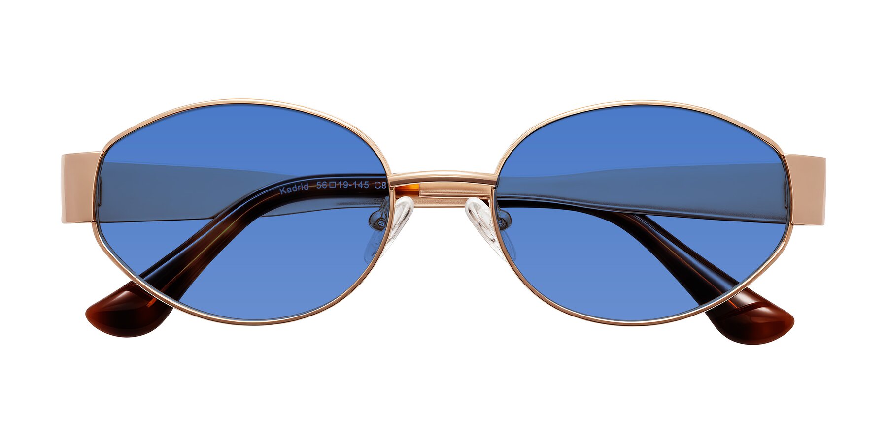 Folded Front of Kadrid in Rose Gold with Blue Tinted Lenses