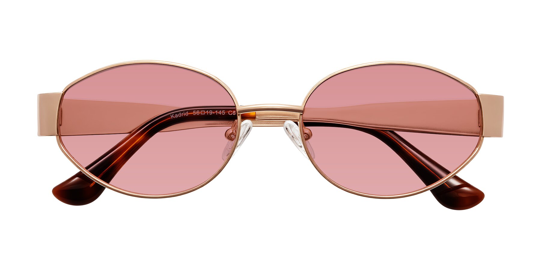 Folded Front of Kadrid in Rose Gold with Medium Garnet Tinted Lenses