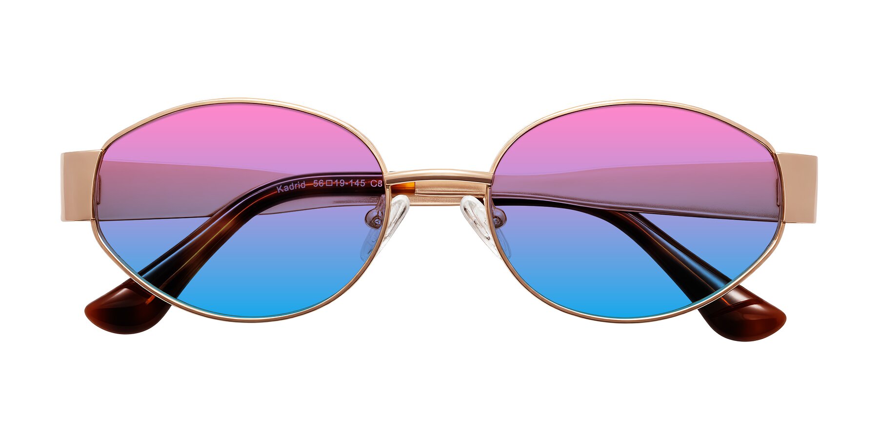 Folded Front of Kadrid in Rose Gold with Pink / Blue Gradient Lenses