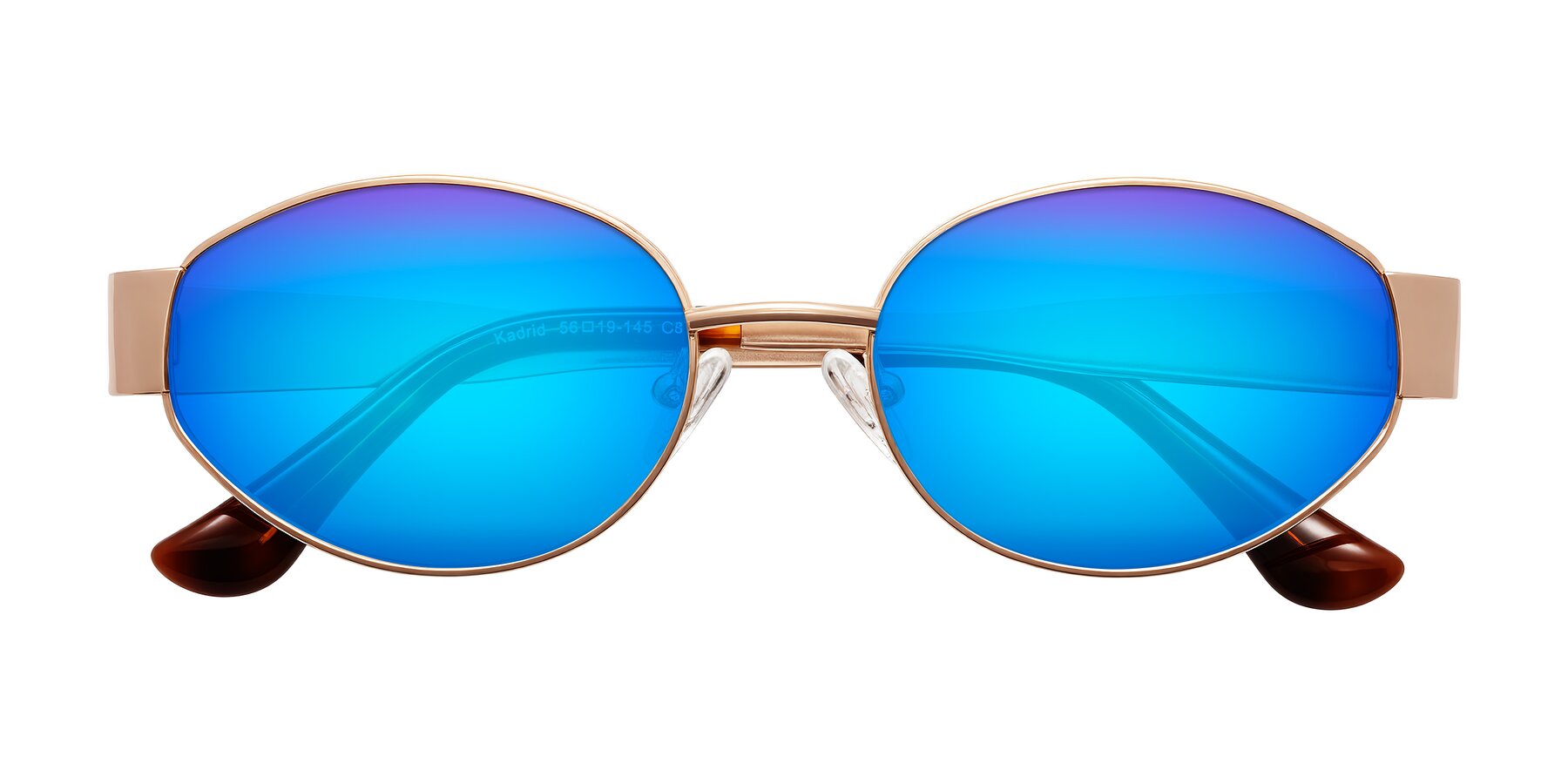 Folded Front of Kadrid in Rose Gold with Blue Mirrored Lenses