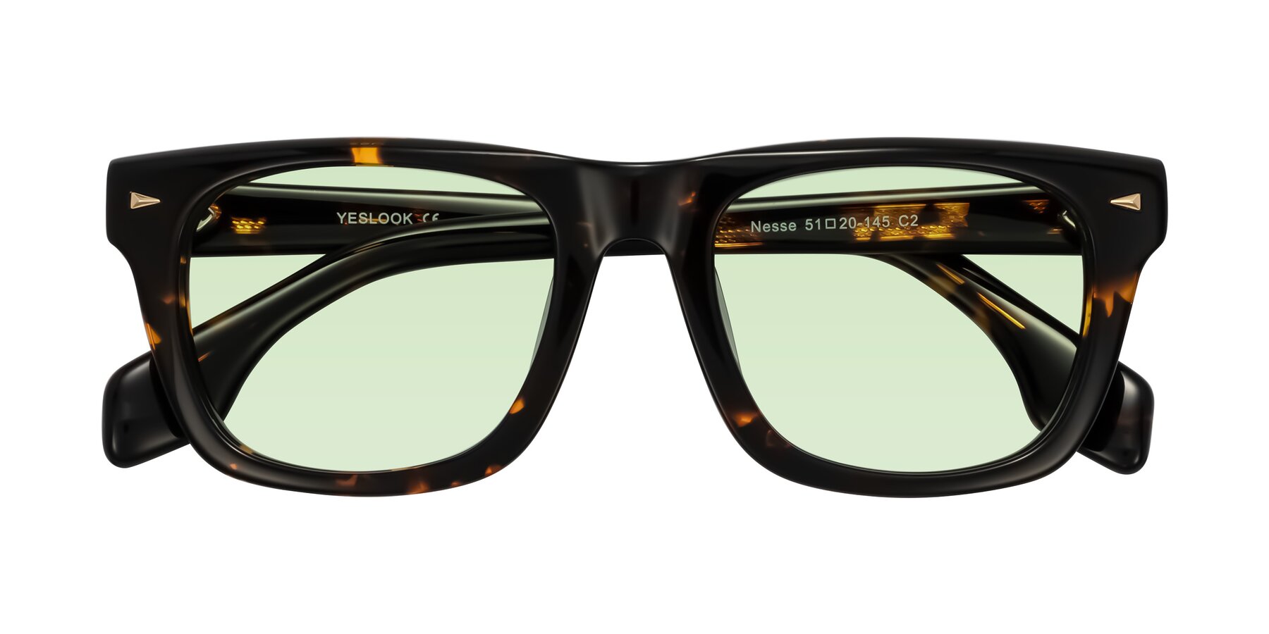 Folded Front of Nesse in Tortoise with Light Green Tinted Lenses