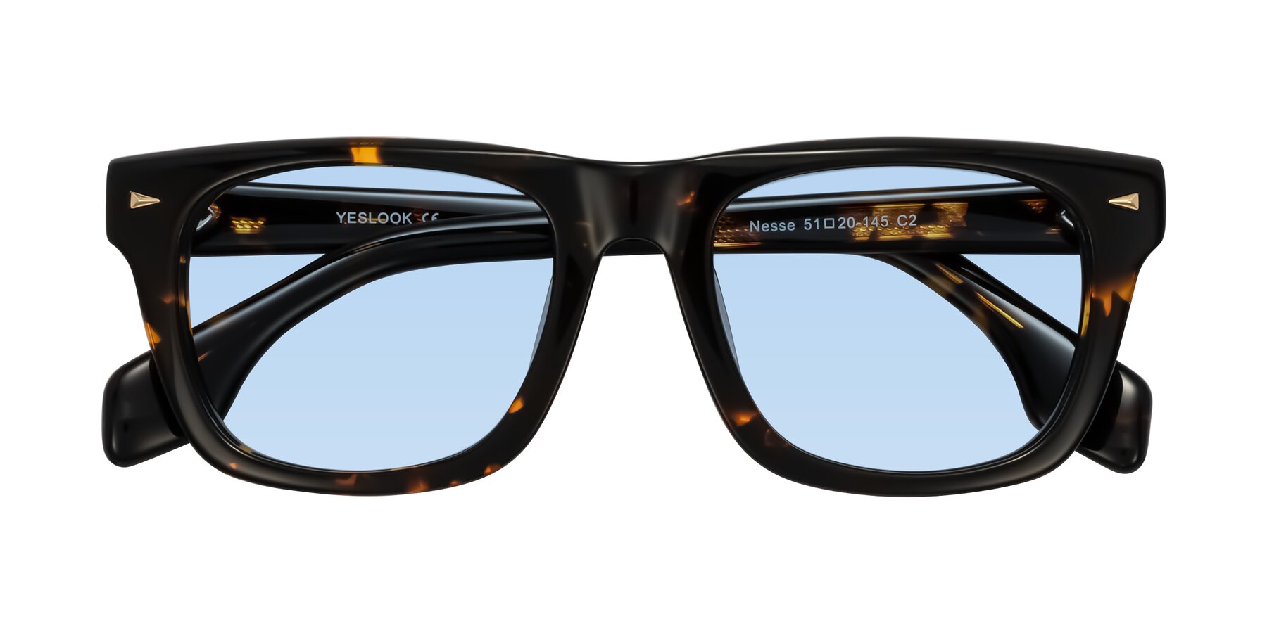 Folded Front of Nesse in Tortoise with Light Blue Tinted Lenses