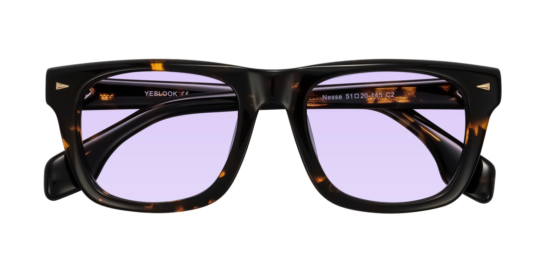 Folded Front of Nesse in Tortoise with Light Purple Tinted Lenses