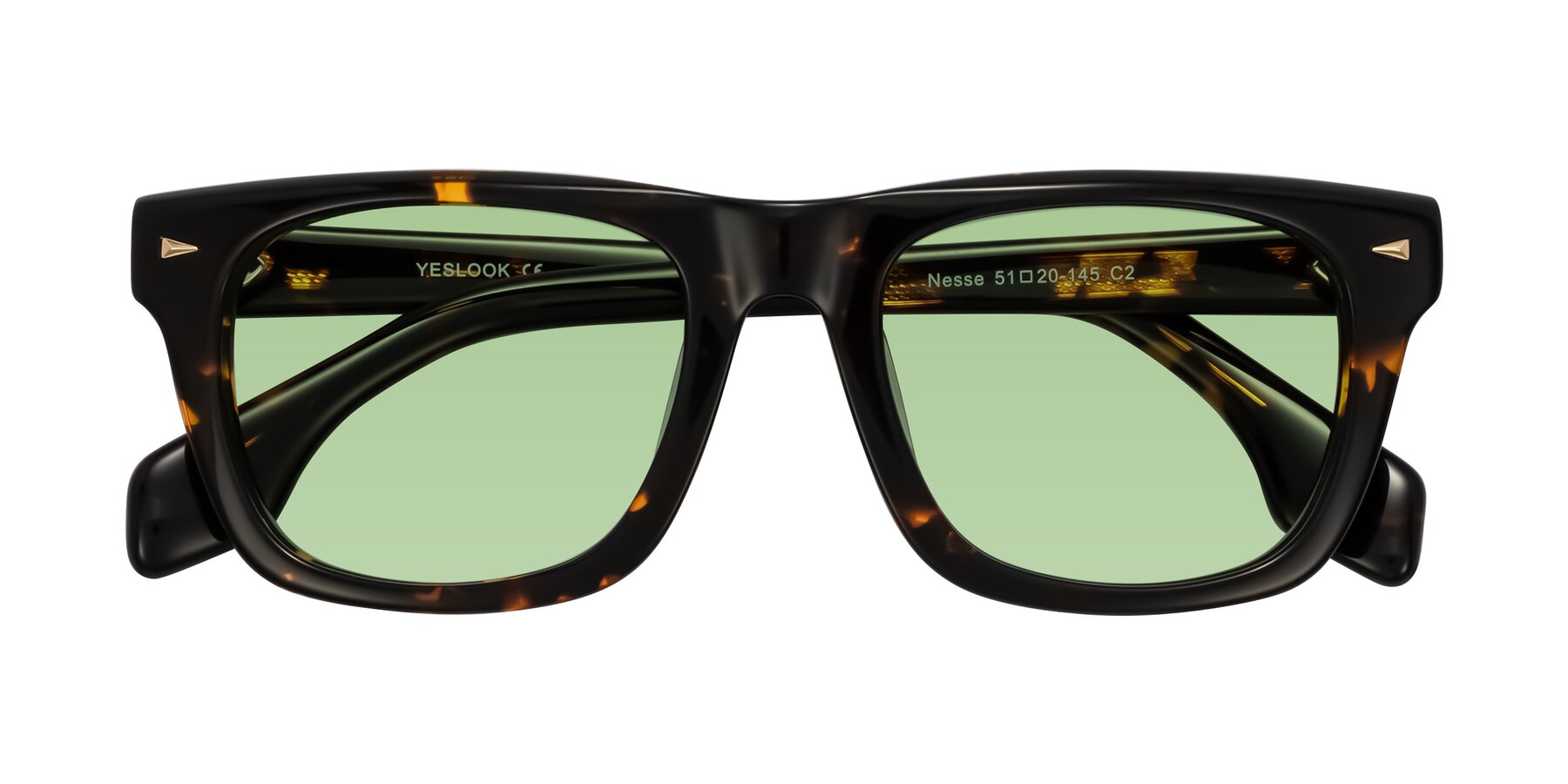 Folded Front of Nesse in Tortoise with Medium Green Tinted Lenses