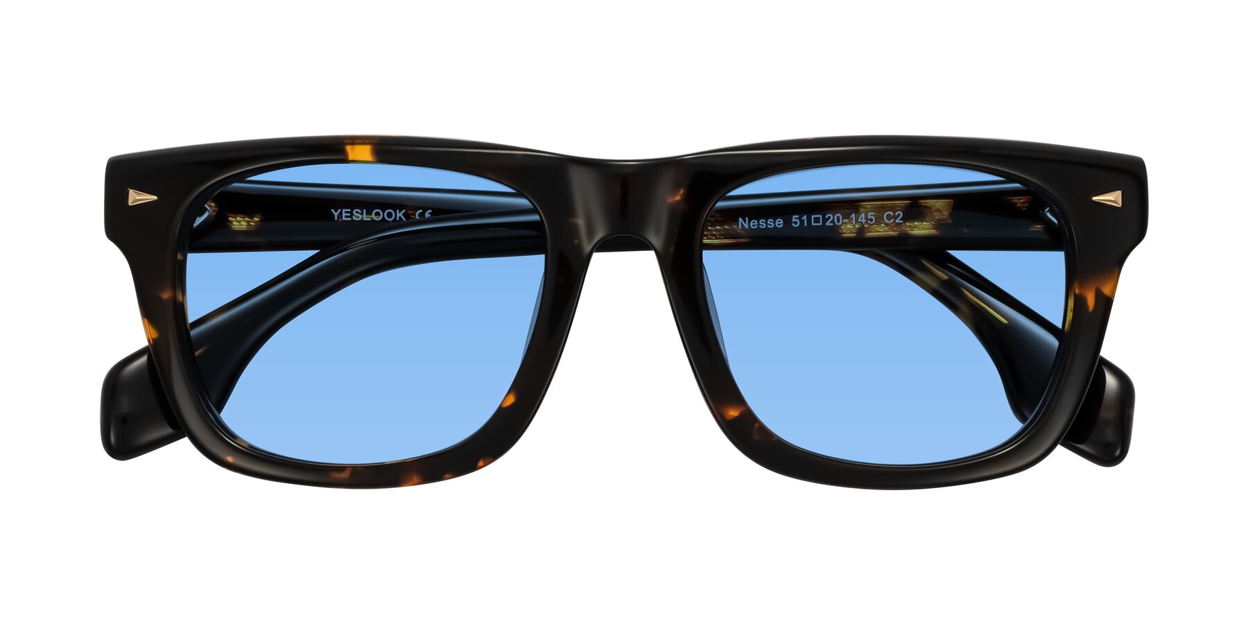 Folded Front of Nesse in Tortoise with Medium Blue Tinted Lenses