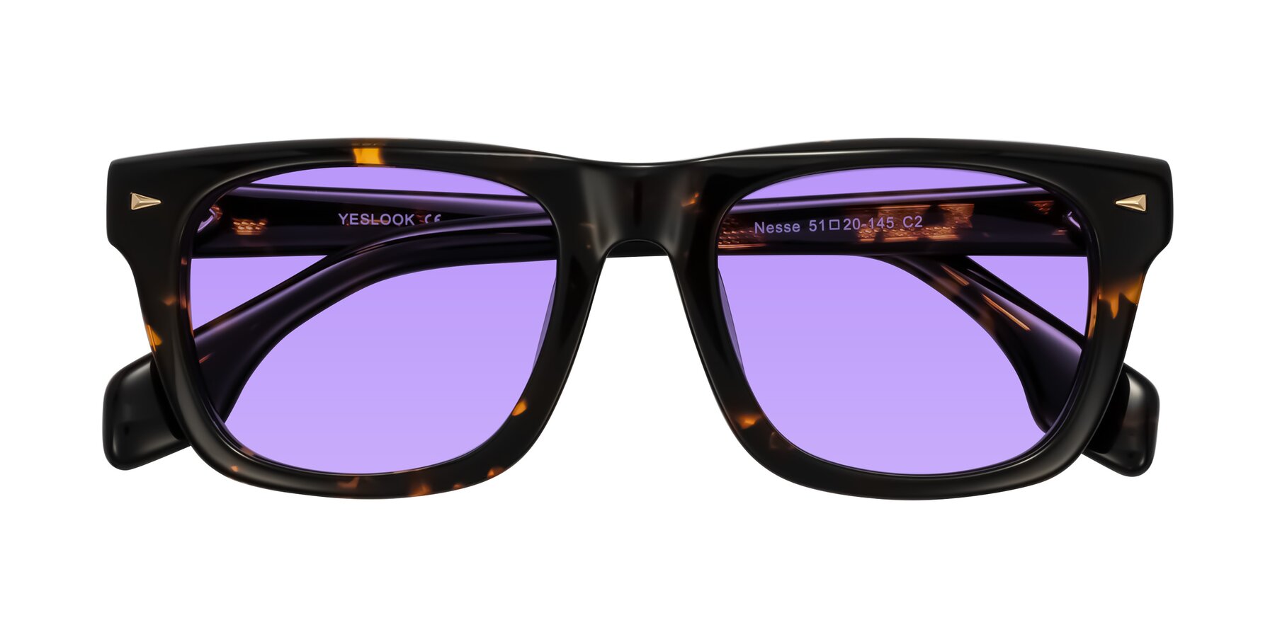 Folded Front of Nesse in Tortoise with Medium Purple Tinted Lenses