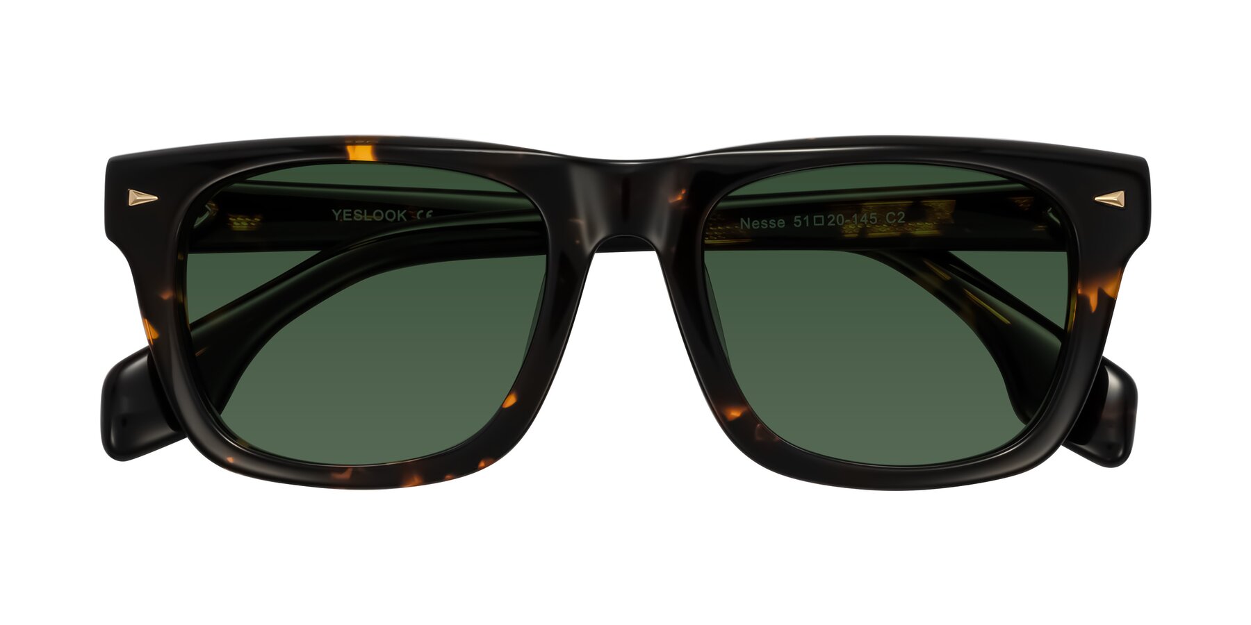 Folded Front of Nesse in Tortoise with Green Tinted Lenses