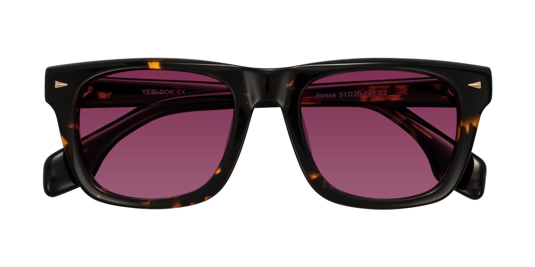 Folded Front of Nesse in Tortoise with Wine Tinted Lenses