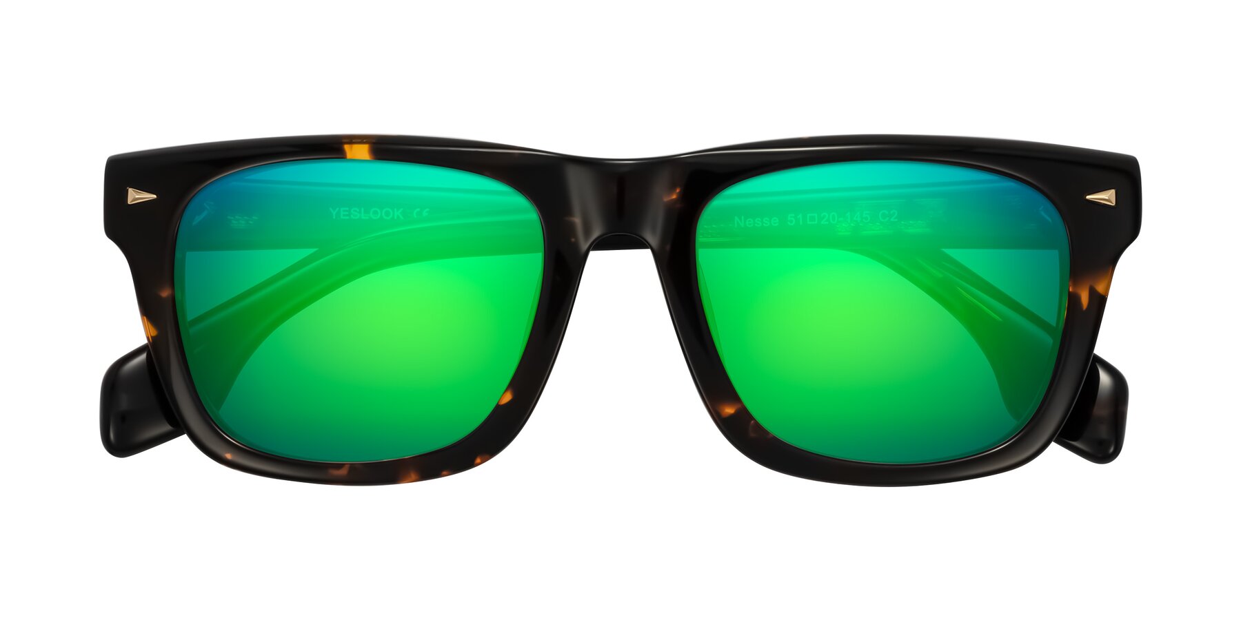 Folded Front of Nesse in Tortoise with Green Mirrored Lenses