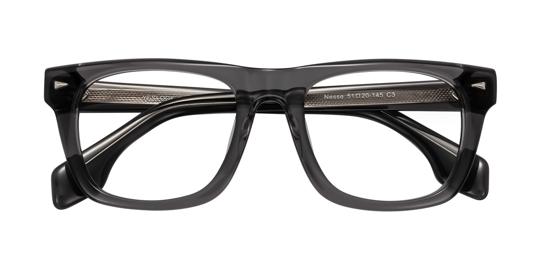 Folded Front of Nesse in Transparent Gray with Clear Eyeglass Lenses