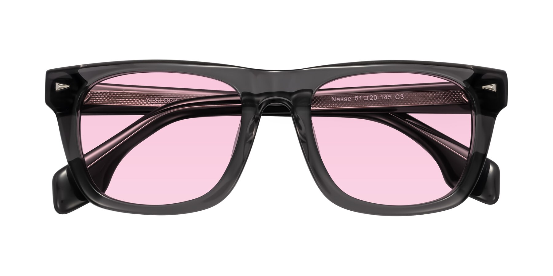 Folded Front of Nesse in Transparent Gray with Light Pink Tinted Lenses