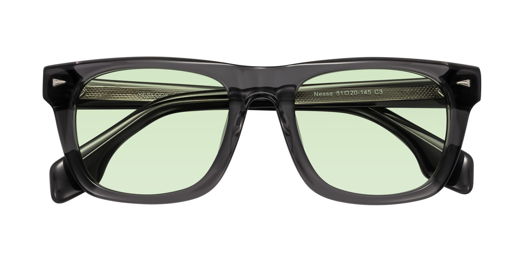 Folded Front of Nesse in Transparent Gray with Light Green Tinted Lenses