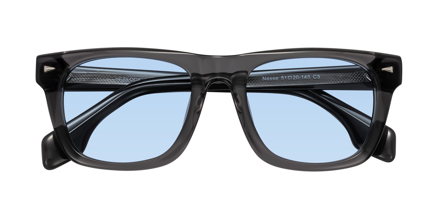 Folded Front of Nesse in Transparent Gray with Light Blue Tinted Lenses