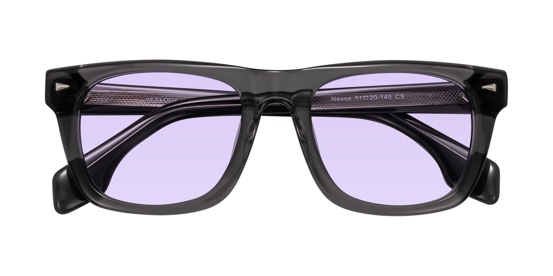 Folded Front of Nesse in Transparent Gray with Light Purple Tinted Lenses