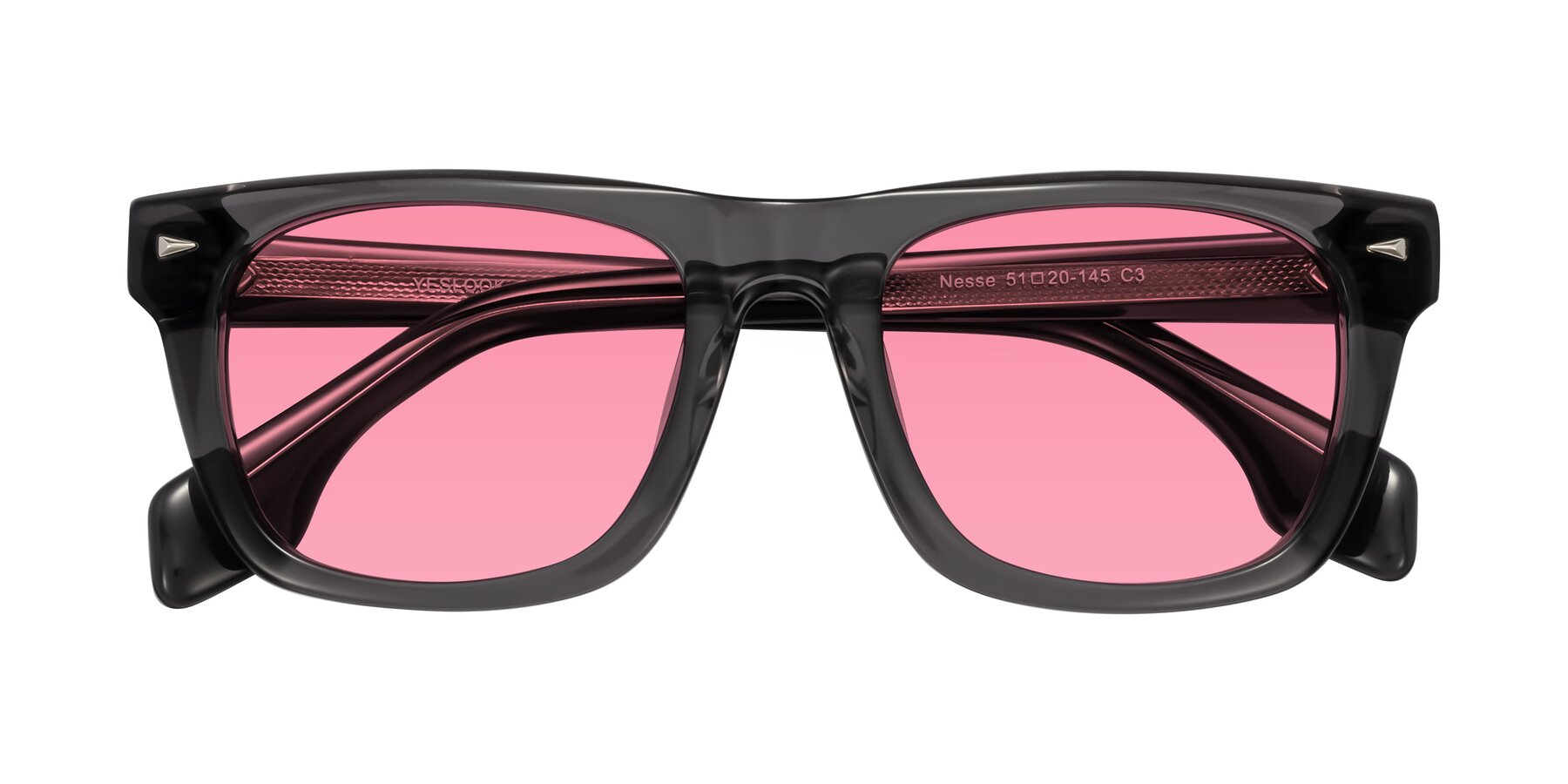 Folded Front of Nesse in Transparent Gray with Pink Tinted Lenses
