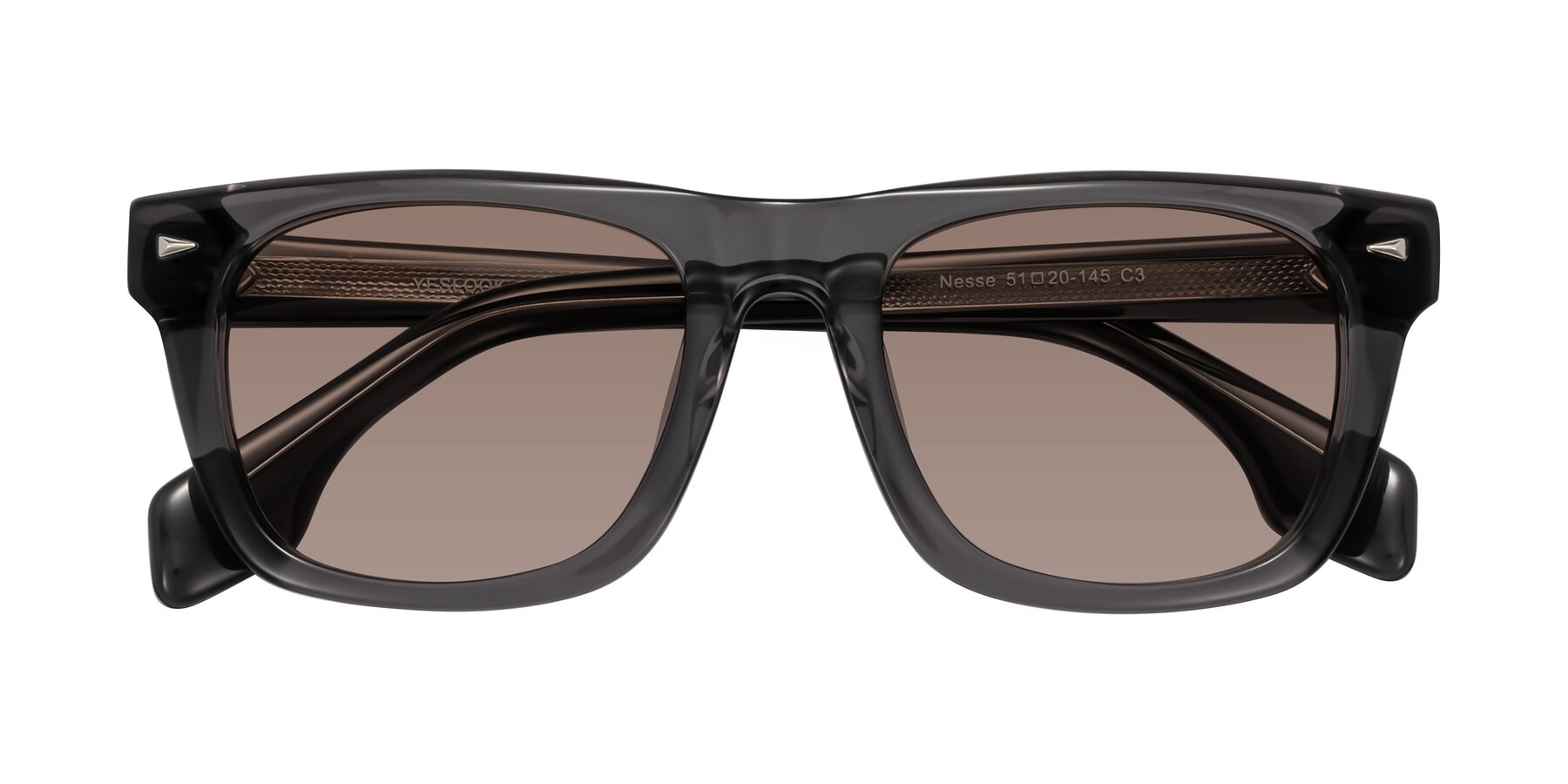 Folded Front of Nesse in Transparent Gray with Medium Brown Tinted Lenses