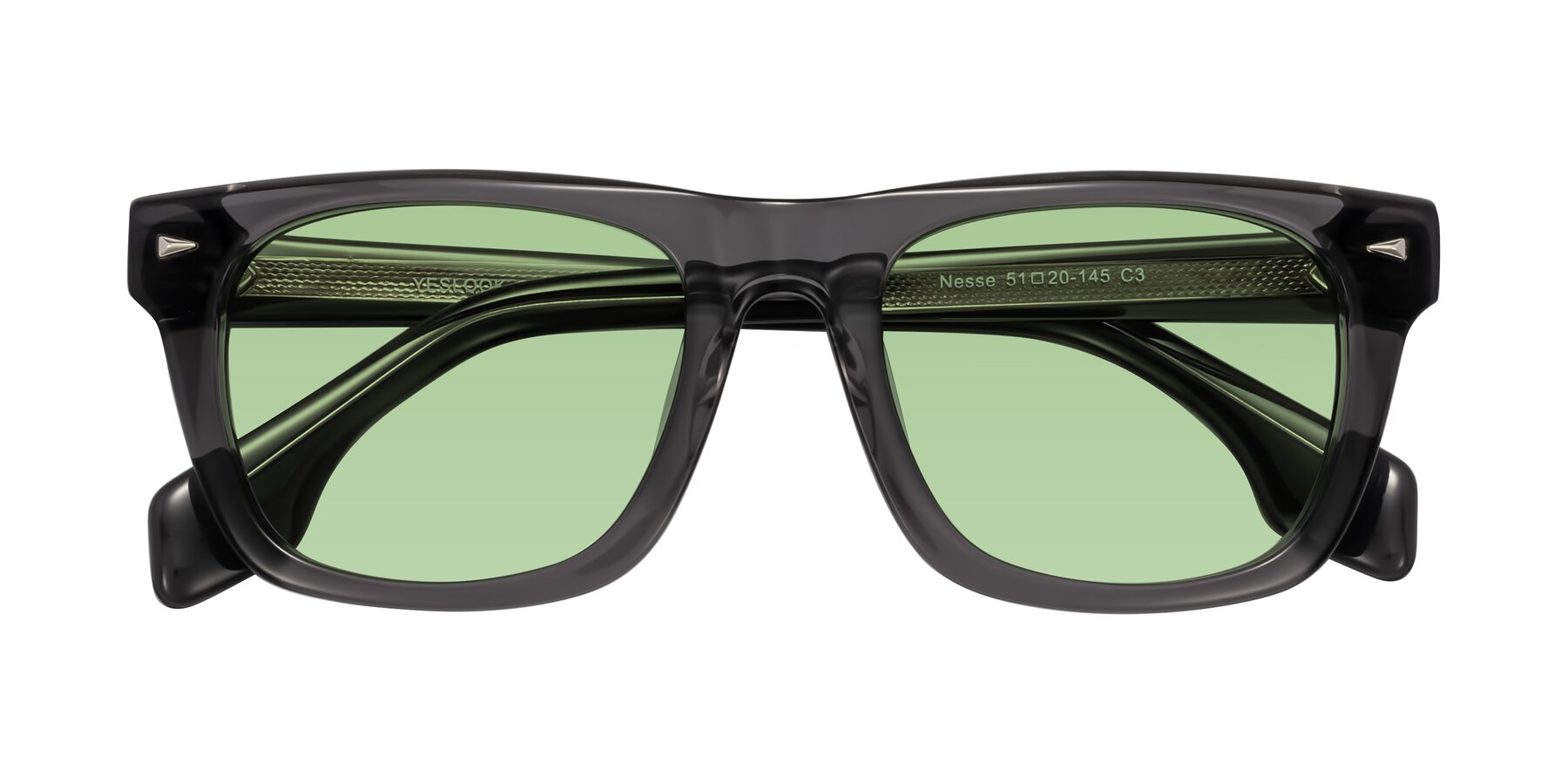 Folded Front of Nesse in Transparent Gray with Medium Green Tinted Lenses