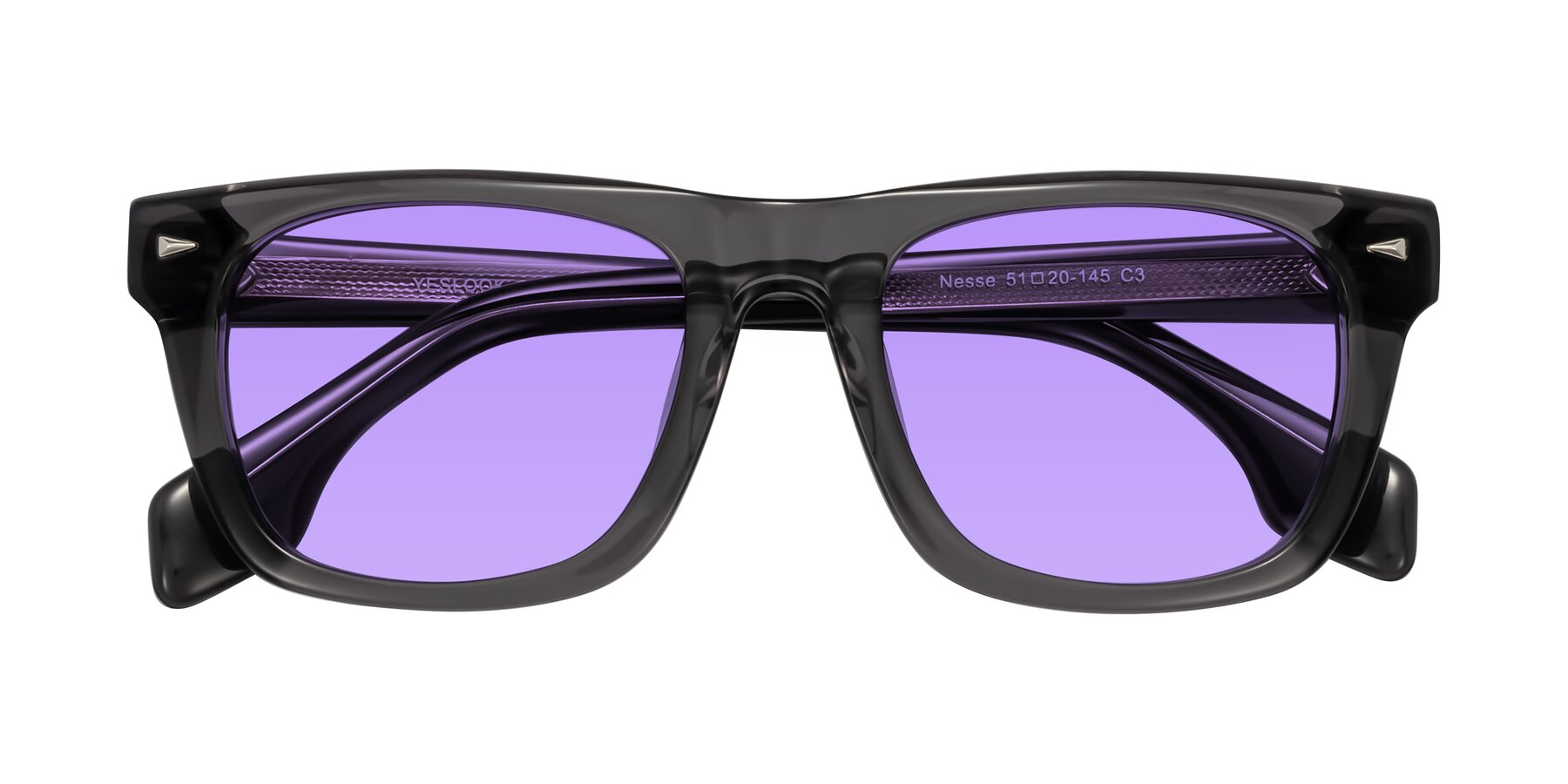 Folded Front of Nesse in Transparent Gray with Medium Purple Tinted Lenses
