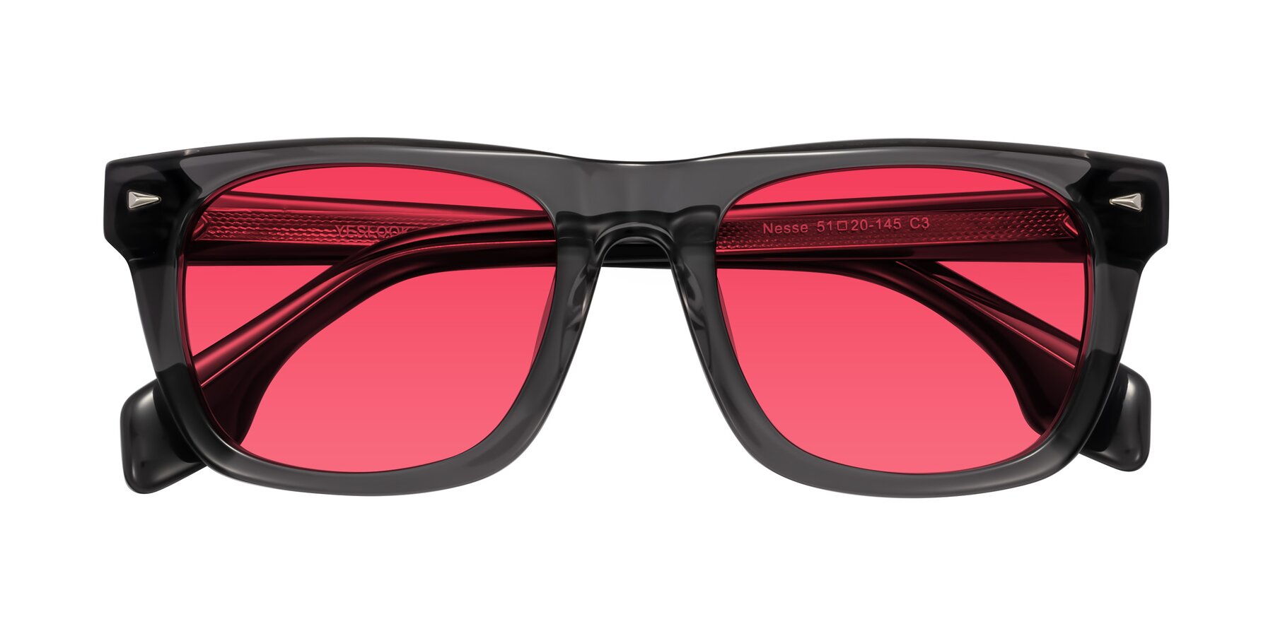 Folded Front of Nesse in Transparent Gray with Red Tinted Lenses
