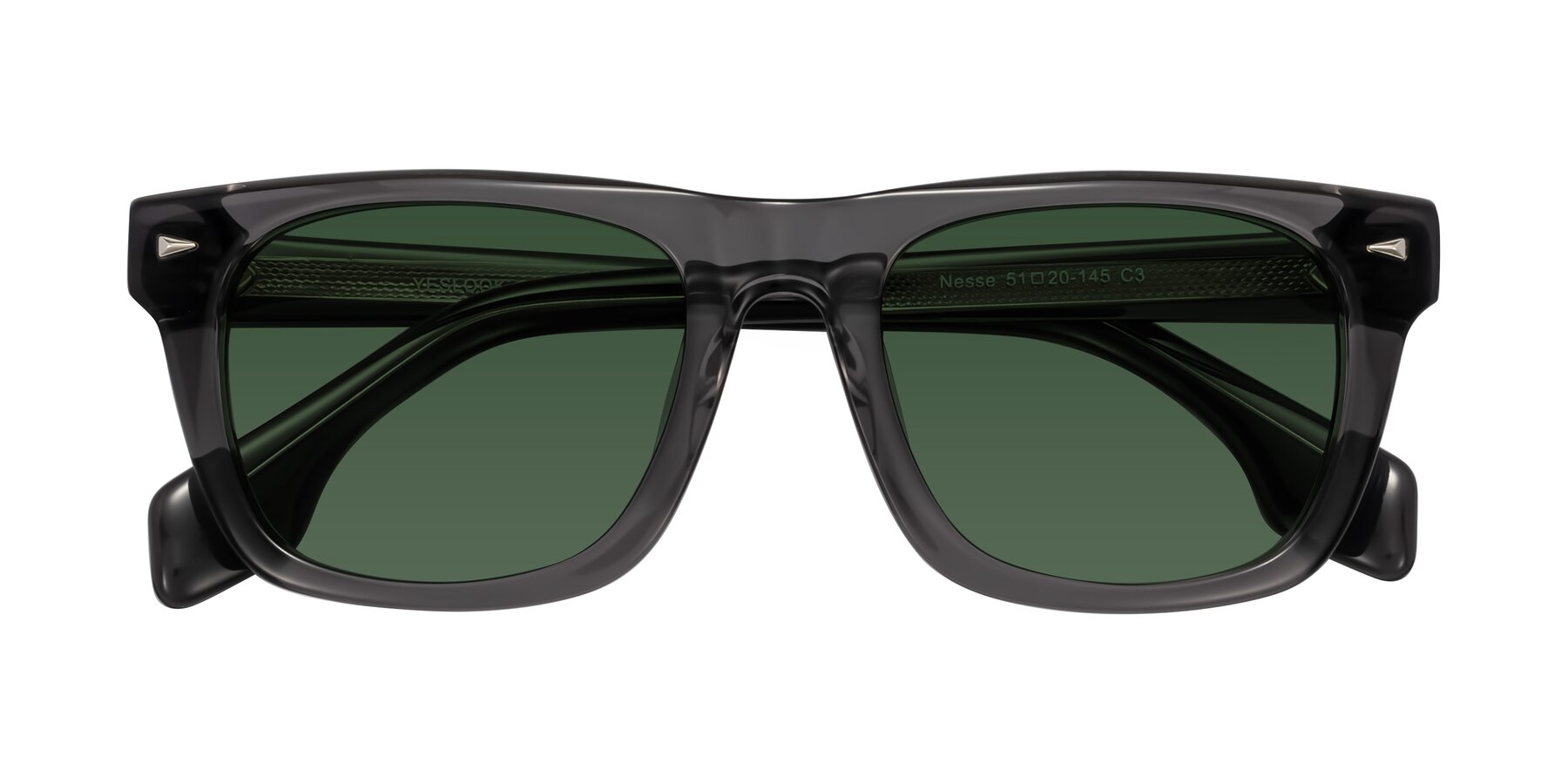 Folded Front of Nesse in Transparent Gray with Green Tinted Lenses