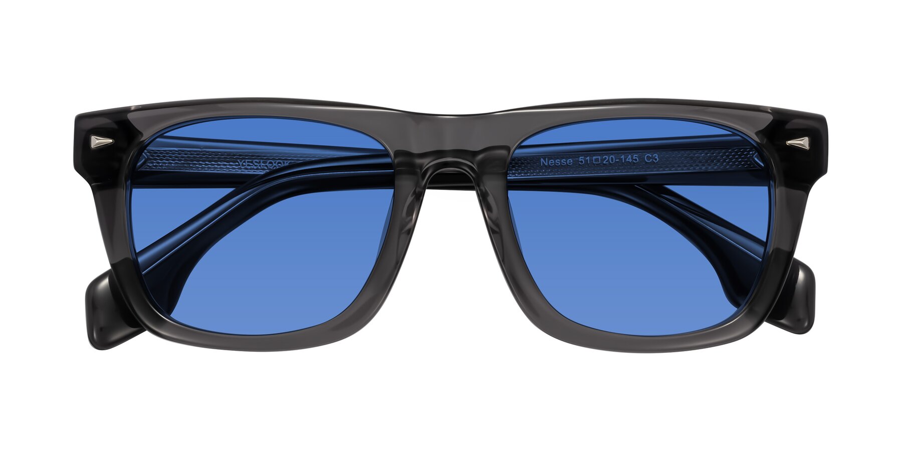 Folded Front of Nesse in Transparent Gray with Blue Tinted Lenses