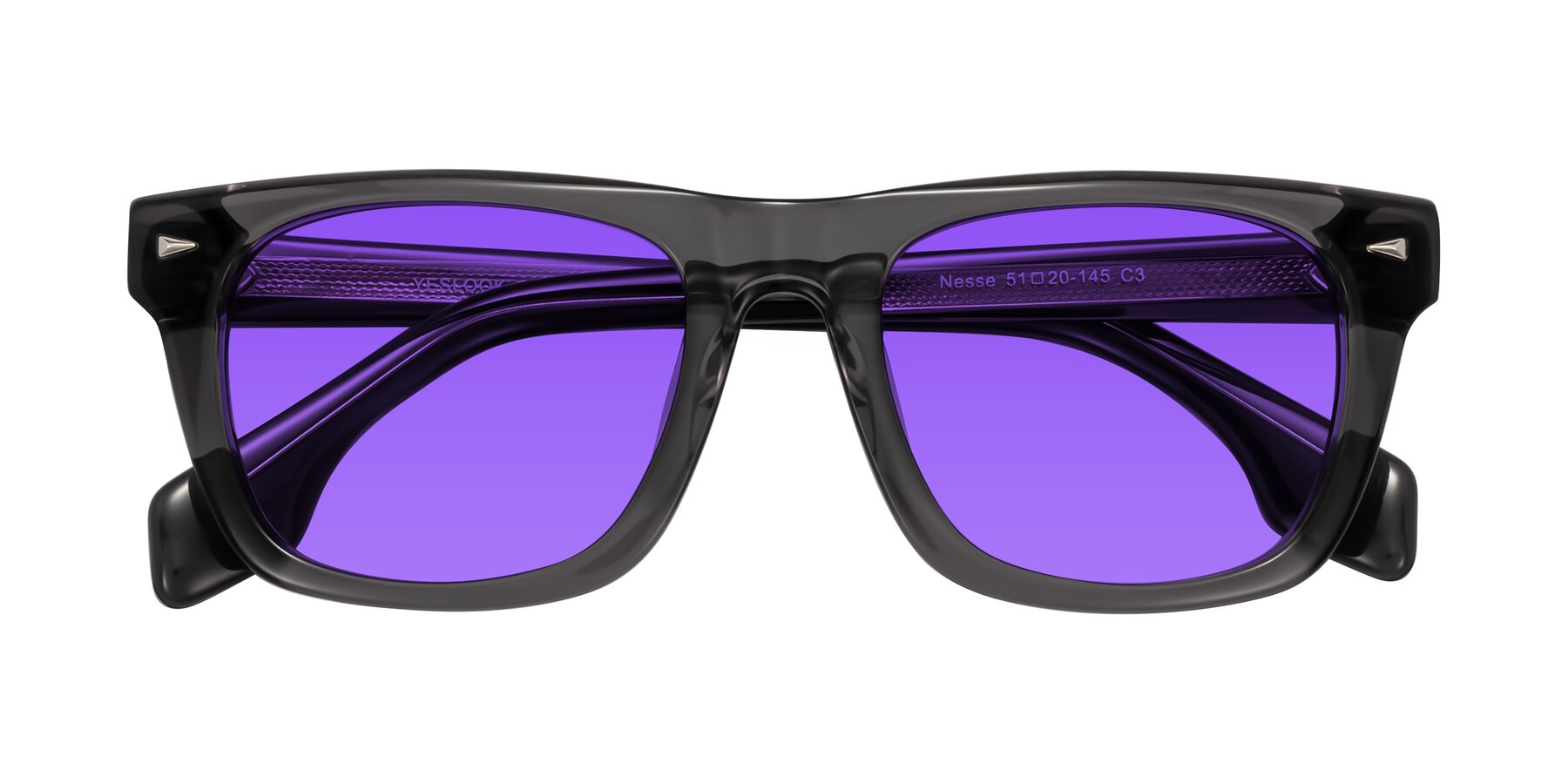 Folded Front of Nesse in Transparent Gray with Purple Tinted Lenses