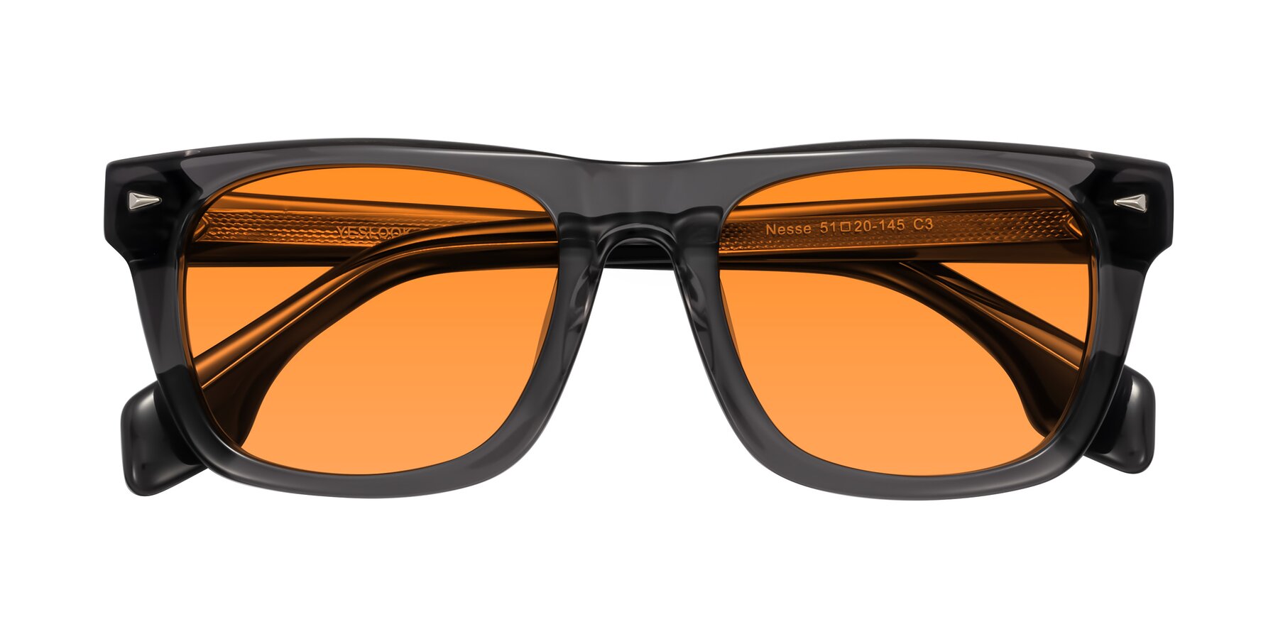 Folded Front of Nesse in Transparent Gray with Orange Tinted Lenses