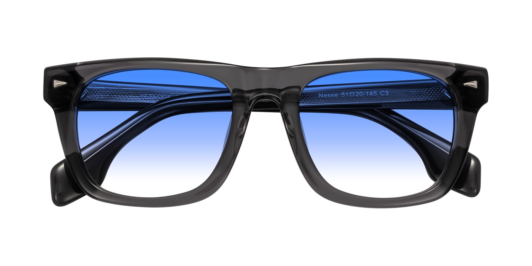 Folded Front of Nesse in Transparent Gray with Blue Gradient Lenses