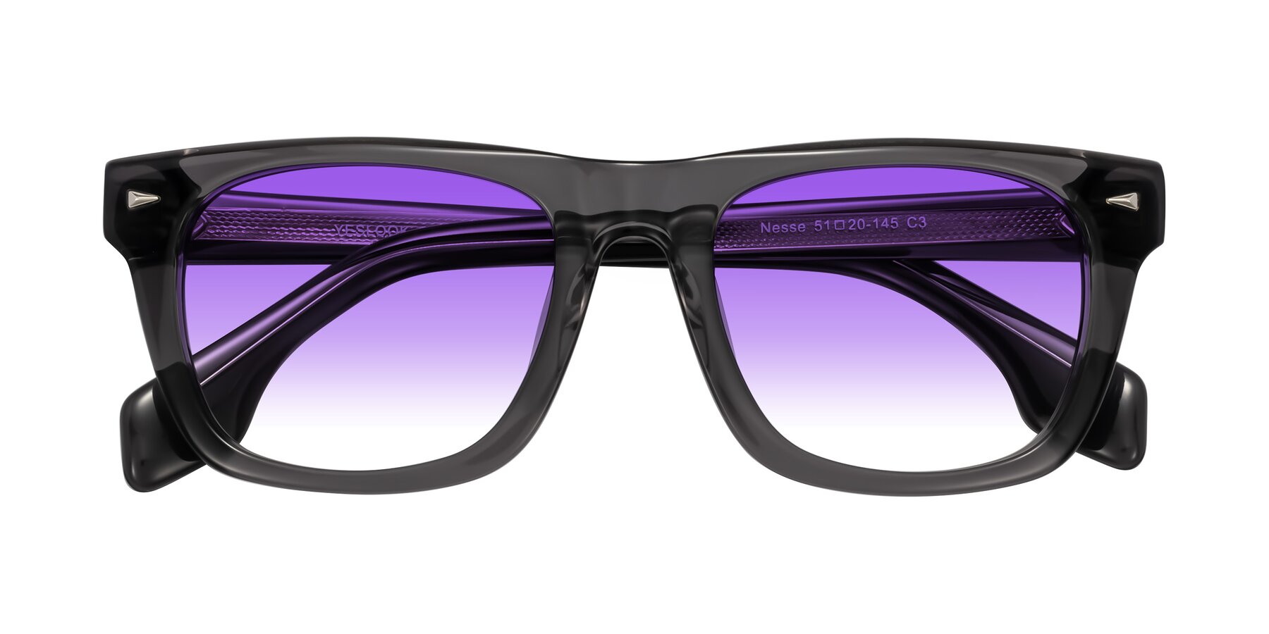 Folded Front of Nesse in Transparent Gray with Purple Gradient Lenses
