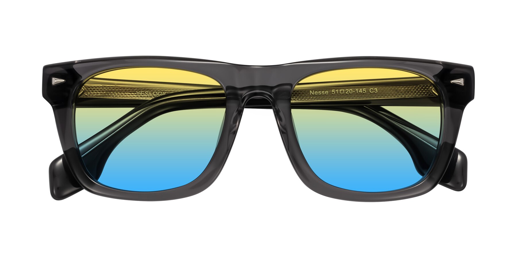 Folded Front of Nesse in Transparent Gray with Yellow / Blue Gradient Lenses