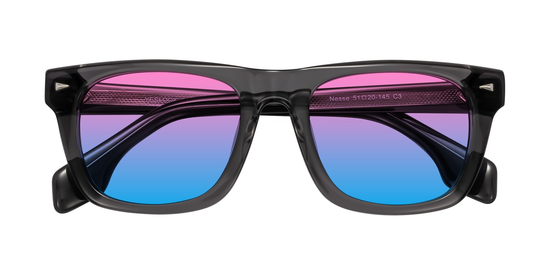 Folded Front of Nesse in Transparent Gray with Pink / Blue Gradient Lenses