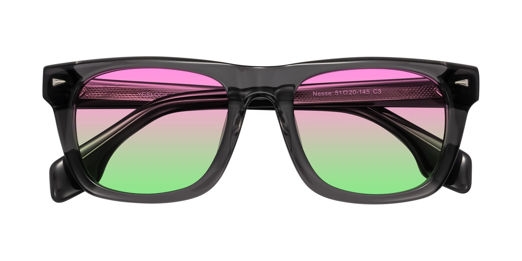Folded Front of Nesse in Transparent Gray with Pink / Green Gradient Lenses